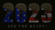 2023 with the colors of the US flag, a military helmet and the words 