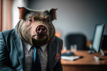 Portrait Of A Pig In A Suit Sitting At A Desk, Ai Generated