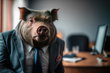 Wall Mural - portrait of a pig in a suit sitting at a desk, ai generated
