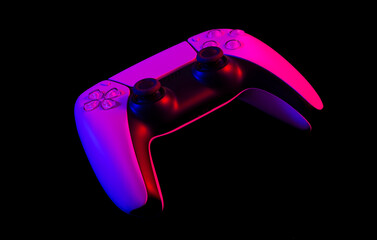 Canvas Print - Modern white gamepad illuminated red and blue on a dark background, game controller for video games.