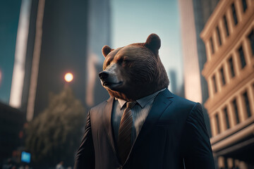 Wall Mural - portrait of a bear in a suit with skyscraper in the background, ai generated