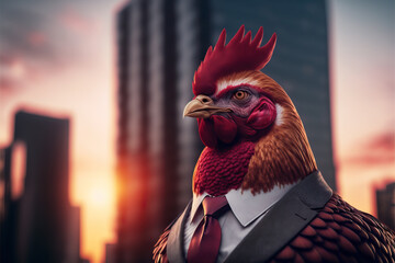 Wall Mural - portrait of a rooster in a suit with skyscraper in the background, ai generated