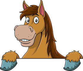 Brown Draft Horse Cartoon Mascot Character Over A Sign. Hand Drawn Illustration Isolated On Transparent Background