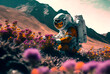 Astronaut picking beautiful flowers on a mesmerizing alien planet. space themed galaxy moments of a space mans life. room for copy space and print inspiring wanderlust for those who love to travel 