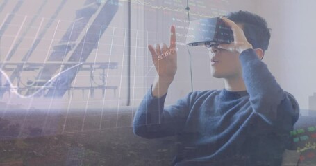 Poster - Animation of financial data processing over biracial man using vr headset