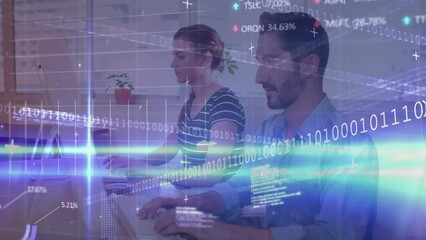 Poster - Animation of financial data processing over diverse business people using computers at office