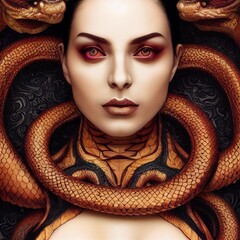 Beautiful woman with snakes. Medusa portrait illustration