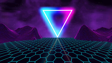 Wall Mural - Neon triangle synthwave digital wireframe landscape. Retro futuristic background for game.