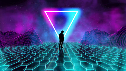 Poster - Retro futuristic background for game with man silhouette. Neon triangle synthwave digital wireframe landscape
