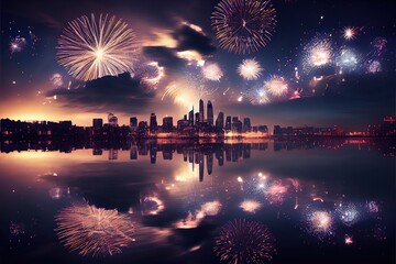 Wall Mural - Fireworks exploding over a city skyline with reflections in the water, new year's eve or fourth of July festival fireworks, generative ai