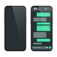 Wall Mural - Realistic smartphone with messaging app. SMS text frame. Conversation chat screen with green message bubbles and placeholder text. Dark mode. Social media application. Vector illustration