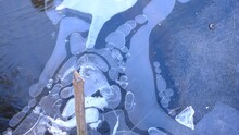 Flowing Water Pushing Air Bubbles Under A Thin Layer Of Ice. Close Up. Nature Background.