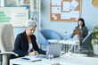 © Seventyfour - Side view portrait of senior woman as female boss sitting at workplace in office and using laptop, copy space