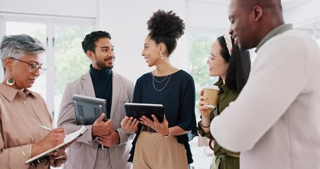 Poster - Digital tablet, collaboration and team in discussion, writing notes and planning a project in the office. Diversity, teamwork and business people working on corporate report together with technology.