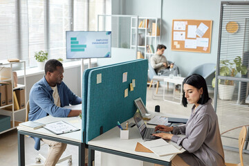 Side view portrait of two people working in office separated by partition wall