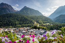 Idyllic Landscape Of Scuol Village, Engadine, Swiss Alps, Switzerland