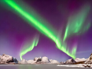 Wall Mural - Northern Lights, Aurora Borealis shining green in night starry sky with star tracks at winter Lofoten Islands, Norway