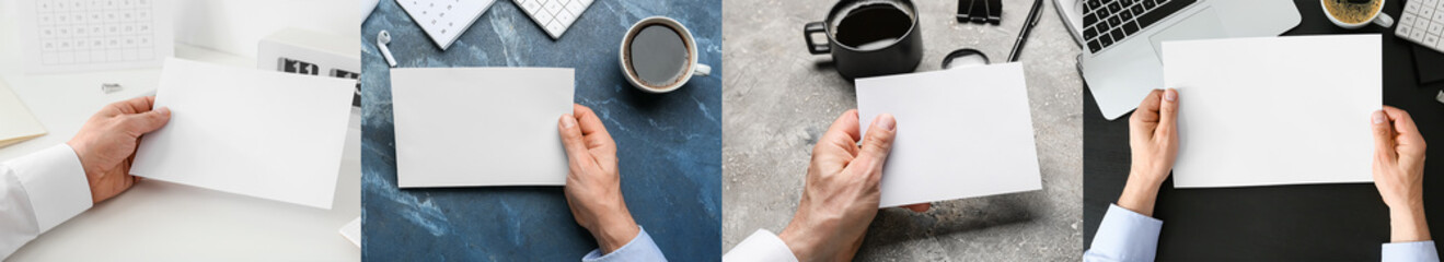 Canvas Print - Collage of male hands holding blank paper sheets at workplace, top view