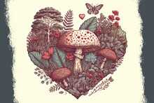 Mushroom Heart Every Mushroom. True Love Of Mushrooms. Generative Ai Illustration For You Web, Valentine Card OrT-Shirt Design For Mushroom Lovers.