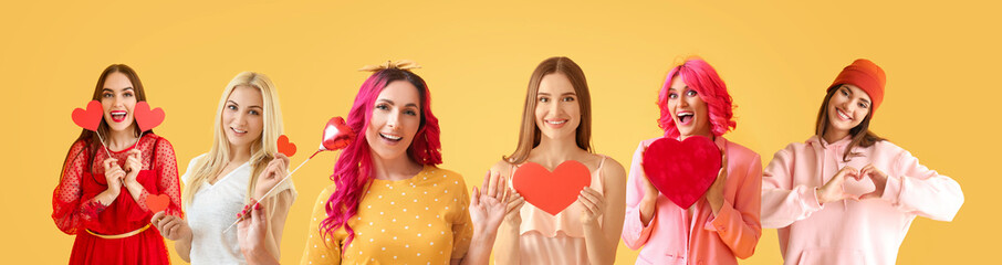 Poster - Collage with different beautiful women on yellow background. Valentine's Day celebration