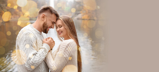 Poster - Happy loving young couple in park. Banner for design