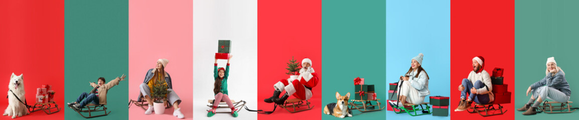 Wall Mural - Collage of people, dogs and Santa Claus with sledges, Christmas trees and gifts on color background