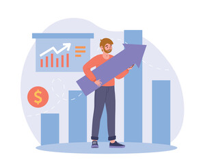 Poster - man with finance growth. guy holding arrow going up. successful investor or entrepreneur, economics 