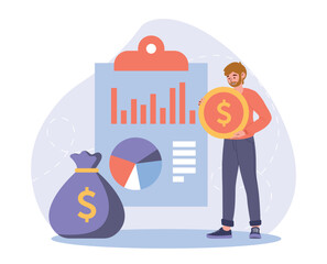 Poster - man with charts. young holding large gold coin. successful businessman and investor. income and expe