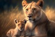 Lioness mother and her calf happy together in a daytime scene in the wild, realistic digital illustration suitable for representing mother strength and mother's day