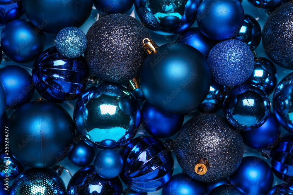 Blue Christmas balls as background, closeup