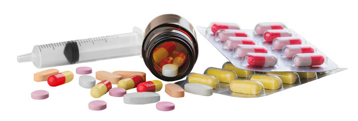 Canvas Print - Capsule pills in bottle with medicine antibiotic in packages