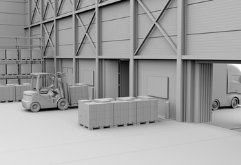 Wall Mural - Clay rendering of electric forklift loading goods to truck. Modern distribution center. 3D rendering image.