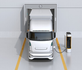 Wall Mural - Front view of generic design Electric Trucks charging at logistics center.  3D rendering image.	