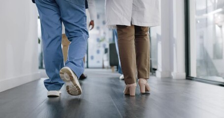 Aufkleber - Legs, team and doctors walking in hospital with health, medicine and medical collaboration with cardiovascular healthcare. Surgeon, cardiology and medic community, teamwork at cardio clinic.
