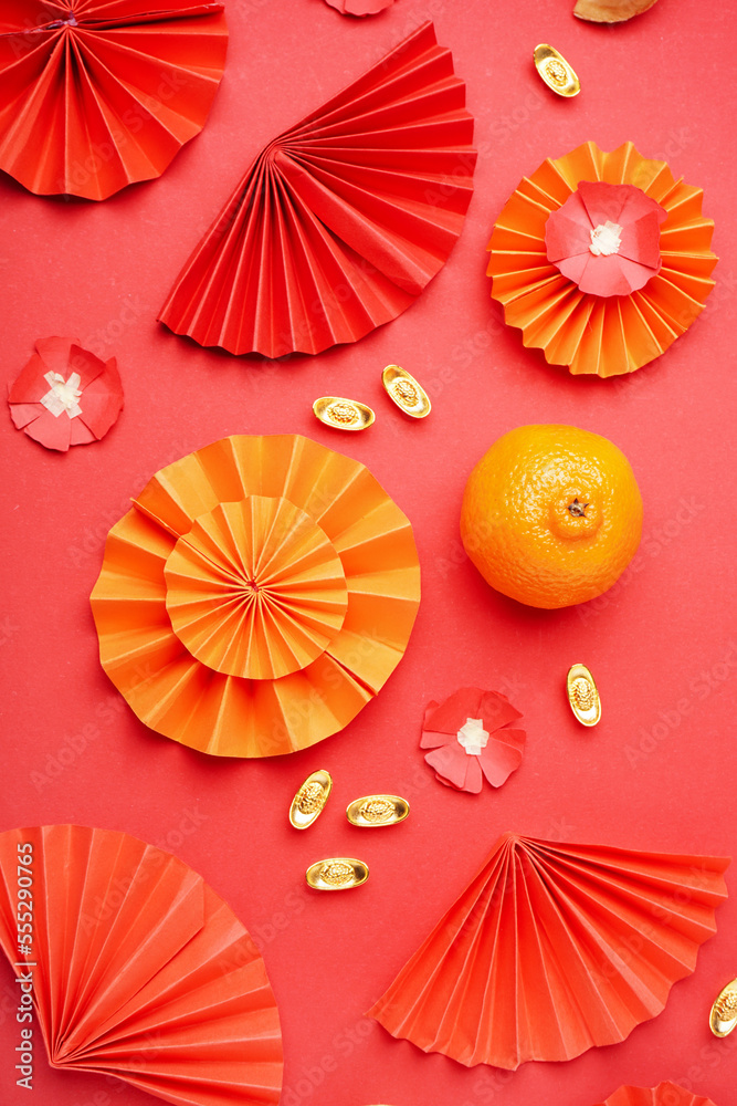 Mandarin and Chinese symbols on red background. New Year celebration