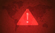 Attention Danger Hacking. Symbol on Map Dark Red Background. Security protection, Malware, Hack Attack, Data Breach Concept. System hacked error, Attacker alert sign computer virus. Ransomware. Vector