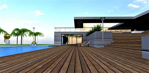 Stylish wooden terrace near the pool on the territory of the modern family estate under the blue sky. 3d rendering.