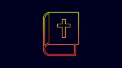 Wall Mural - Glowing neon line Holy bible book icon isolated on blue background. 4K Video motion graphic animation