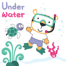 Vector Illustration Of Cute Tiger In Snorkel Mask Diving In The Sea. Can Be Used For T-shirt Print, Creative Vector Childish Background For Fabric Textile, And Other Decoration