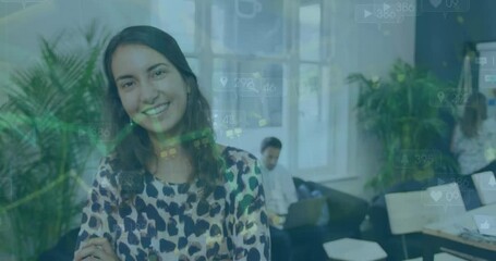 Poster - Animation of student using laptop and flying financial data processing over businesswomen and studyi