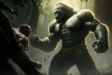Fight Scene With A Gorilla In The Jungle. Generative AI