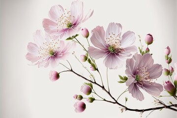 Wall Mural -  a branch with pink flowers on it against a white background with a light reflection of the flowers on the branch. Generative AI