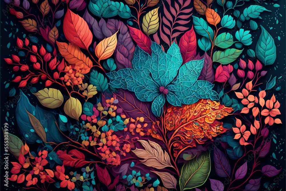 a painting of colorful leaves and berries on a black background Stock ...