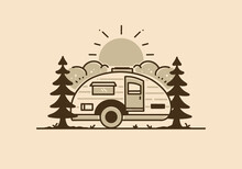 Vintage Illustration Of Teardrop Camper Among The Pines