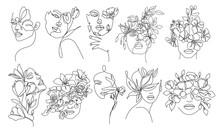 Woman Face With Flowers Line Art Drawing Set. Fashion Female Portrait Minimalist Style. Woman With Flowers Drawing For Cosmetics. Continuous Line Art Fashion Minimal Print. Beauty Logo. Vector EPS 10