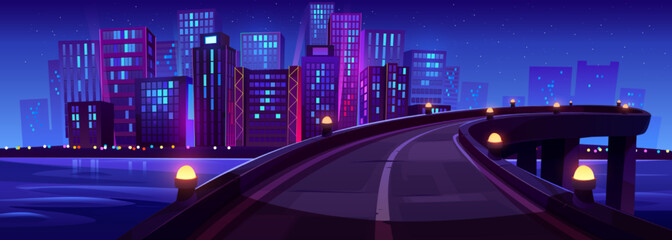 Wall Mural - Bridge above river and city skyline with neon lights at night. Urban landscape with empty overpass highway, town buildings and skyscrapers on horizon, vector cartoon illustration