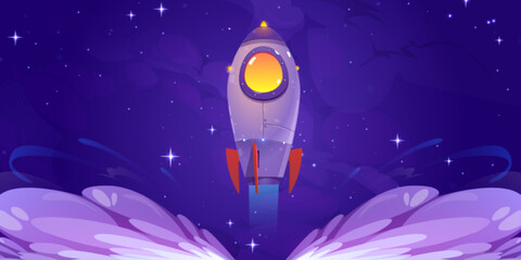 Poster - rocket launch. futuristic spaceship flying up from planet with smoke clouds on background of night s