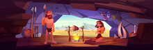 Ancient Cave People, Prehistoric Age Human Family. Primitive Tribe Characters, Man With Spear, Woman With Baby In Cave With Fire, Cooked Meat, Bones And Weapons, Vector Cartoon Illustration