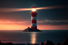 A White Lighthouse With Red Stripes Stands At Sunset In The Sea And Shines With Beams Of Light