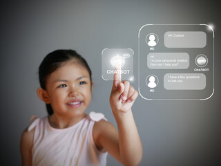 Little girl hand using a digital chatbot program for online chat with human users. Support and customer service automation technology. AI artificial technology for chatterbot or conversational agents